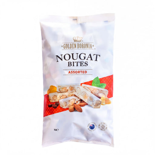 The image is a package of Golden Boronia Nougat Bites, which are assorted flavored nougat bars.