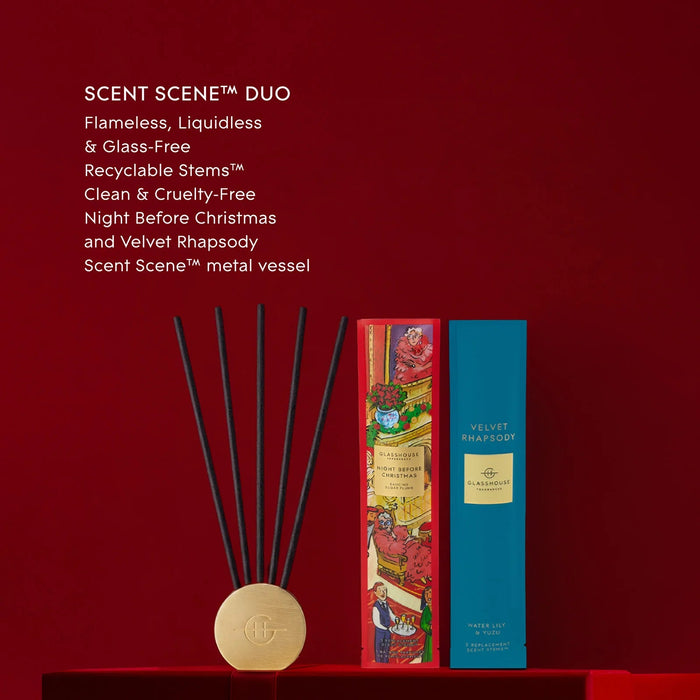 a set of five black incense sticks arranged in a circular pattern on a red surface, with a blue box labeled "Velvet Rhapsody" next to them.