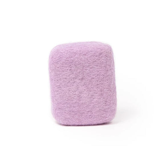 A single, square-shaped, pink, fuzzy object is shown against a white background.
