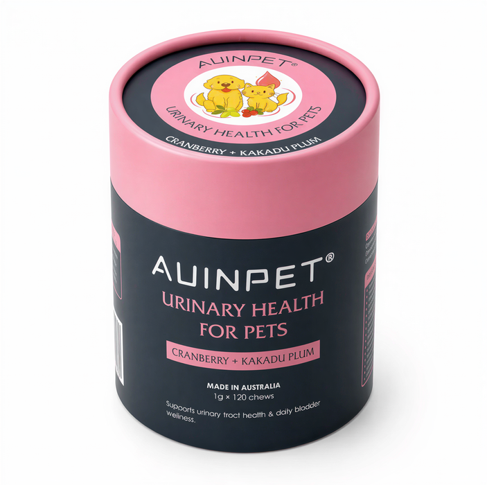 A cylindrical container with a pink and black lid, featuring text and images related to pet care products.