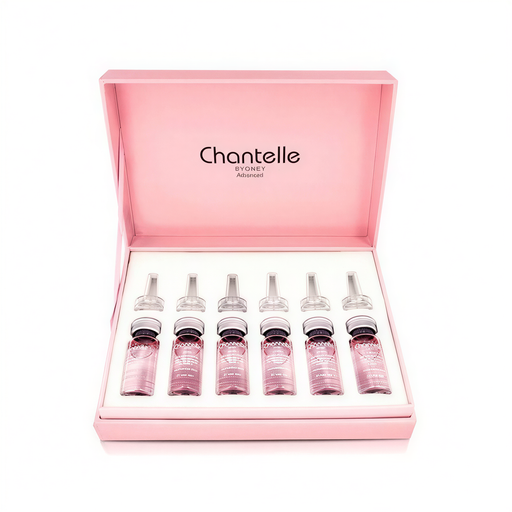 A pink box containing six bottles of a product, with the brand name "Chantelle" printed on the lid.
