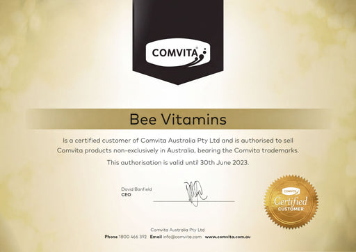 The image is a certificate from Comvita Australia Pty Ltd, certifying that Bee Vitamins is a certified customer of Comvita Australia Pty Ltd and is authorized to sell Comvita products non-exclusively in Australia, bearing the Comvita trademarks. The certificate is valid until 30th June 2023.
