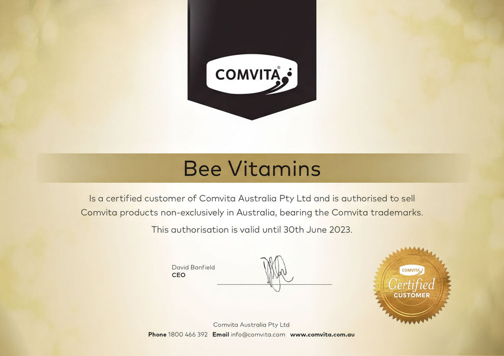 The image is a certificate from Comvita Australia Pty Ltd, certifying that Bee Vitamins is a certified customer of Comvita Australia Pty Ltd and is authorized to sell Comvita products non-exclusively in Australia, bearing the Comvita trademarks. The certificate is valid until 30th June 2023.