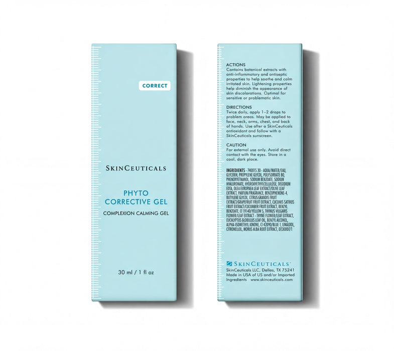 a product packaging for SkinCeuticals Phyto Corrective Gel, which is a 30 ml (1 fl oz) bottle of the product.