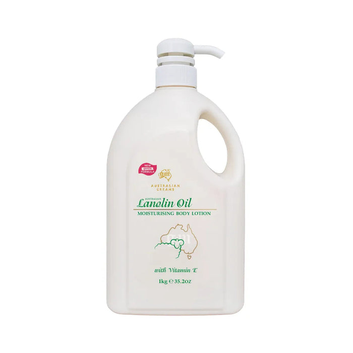 A large white bottle of Lanolin Oil body lotion with Vitamin E.