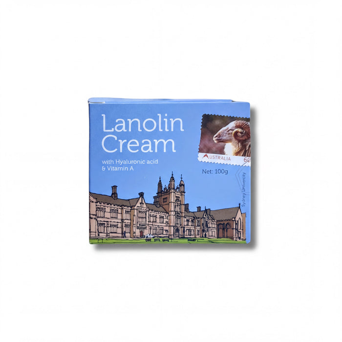 The image is a product packaging for Lanolin Cream, which is a hyaluronic acid-based cream.