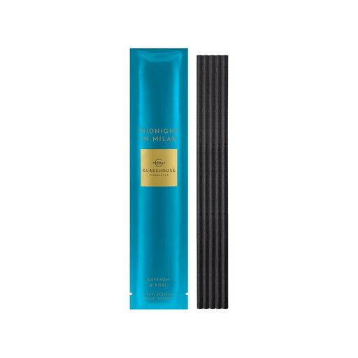 a blue package with black reed sticks, labeled as "Midnight in Milan" and "For Glasshouse Fragrances".