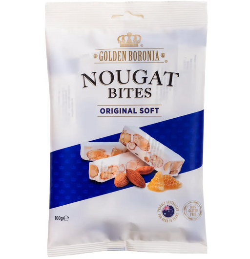 The image is a package of Golden Boronia Nougat Bites, a soft and original confectionery product.
