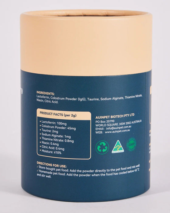 a cylindrical container with a blue and beige color scheme, containing a product with ingredients and product facts.
