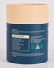 a cylindrical container with a blue and beige color scheme, containing a product with ingredients and product facts.