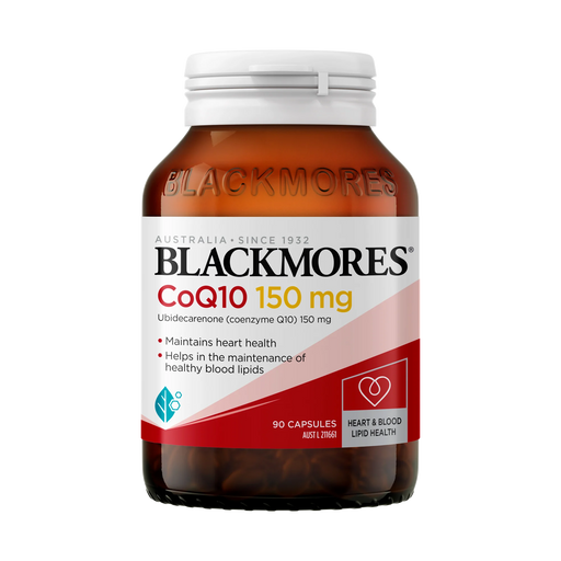 a bottle of Blackmore's CoQ10 150 mg capsules, with a label that provides information about the product.