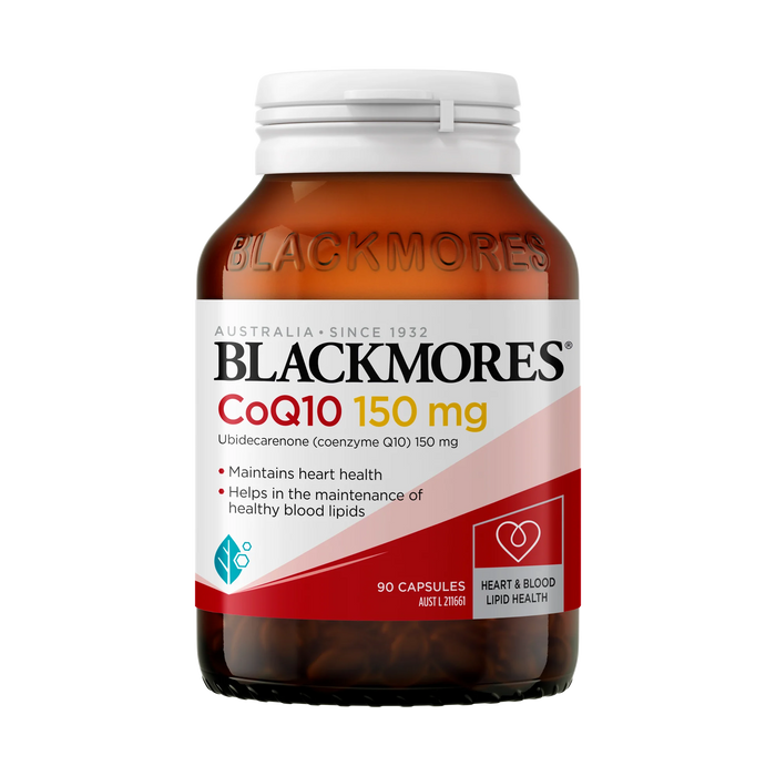 a bottle of Blackmore's CoQ10 150 mg capsules, with a label that provides information about the product.