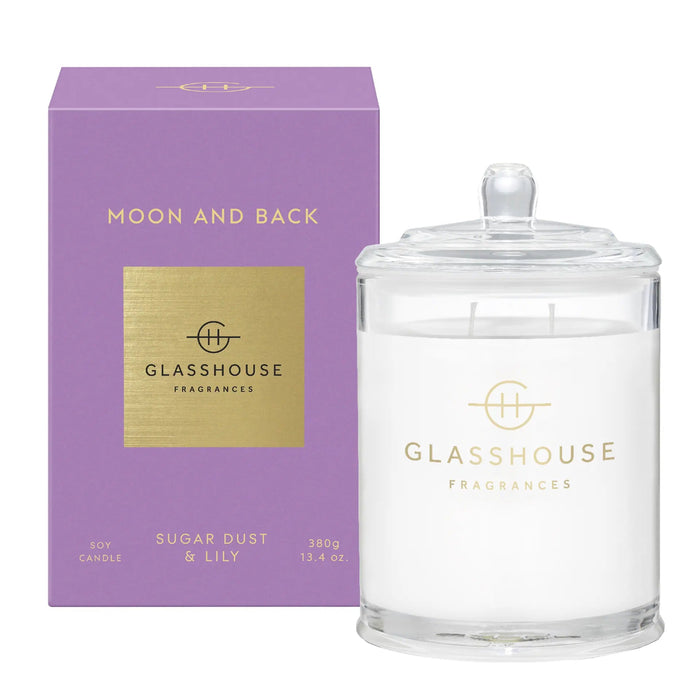 a purple box and a clear glass jar with a lid, both of which are associated with the brand Glashouse Fragrances.