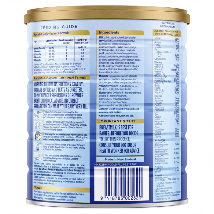 The image is a feeding guide for a baby formula, with nutritional information and ingredients listed.