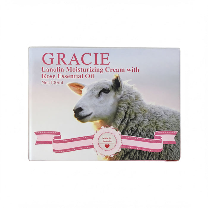a sheep, and it is described as a "Lanolin Moisturizing Cream with Rose Essential Oil" with a net size of 100ml.