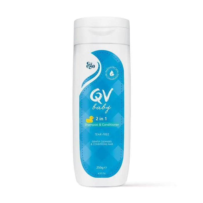 A bottle of QV Baby shampoo and conditioner.