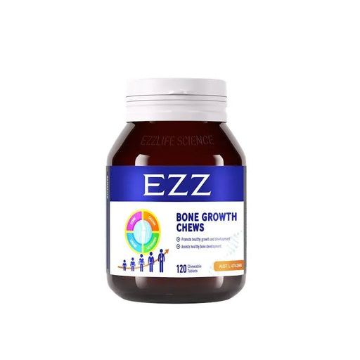 a bottle of Ezz Bone Growth Chew tablets, with a label that includes text and a colorful illustration.