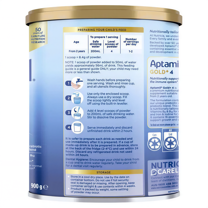 The image is a nutritional information label for a product called "Aptaimin Gold+ 4". The label provides details about the product, including its nutritional content, usage instructions, and storage information.