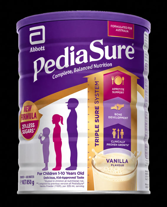 The image is a can of Abbott PediSure Complete, Balanced Nutrition, specifically Vanilla flavor, designed for children aged 1-10 years old.