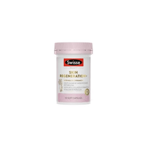 A bottle of Swiss Skin regeneration soft capsules, which is a skin regeneration product.