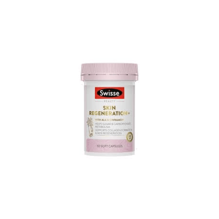 A bottle of Swiss Skin regeneration soft capsules, which is a skin regeneration product.