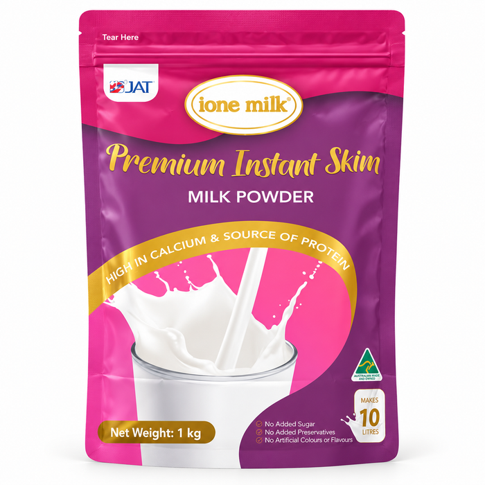 a pink and purple milk powder package with a clear image of a glass of milk and a splash of milk.