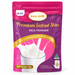 a pink and purple milk powder package with a clear image of a glass of milk and a splash of milk.