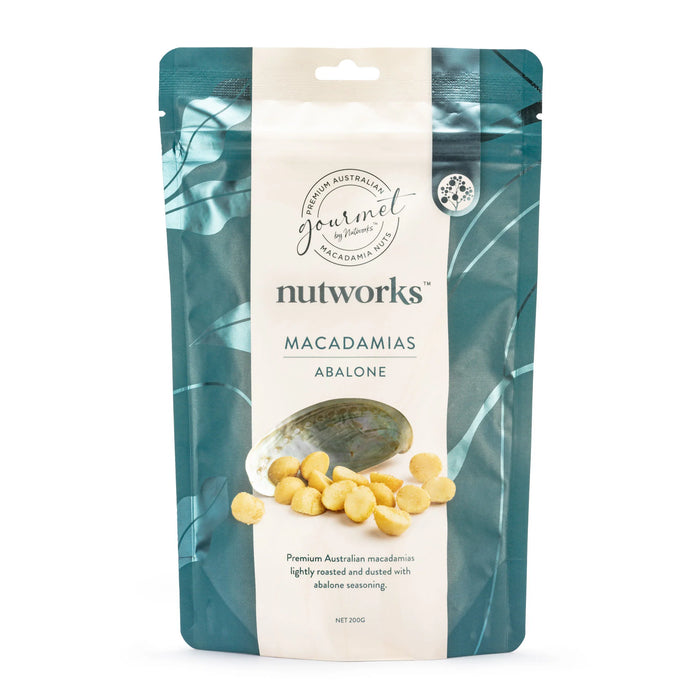 A package of macadamia nuts, specifically Abalone, with a label that includes the brand name and product information.