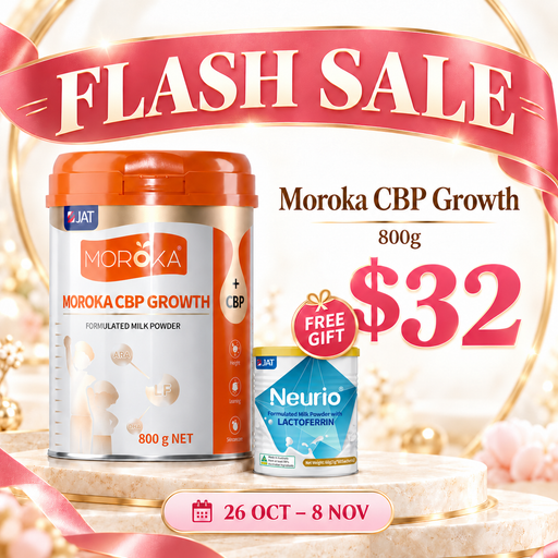 The image is an advertisement for Moroka CBP Growth, a powdered milk powder and a free gift of Neurolactin lactoferrin, both priced at $32. The product is displayed on a white background with a pink ribbon, and the date range for the sale is from October 26 to November 8.
