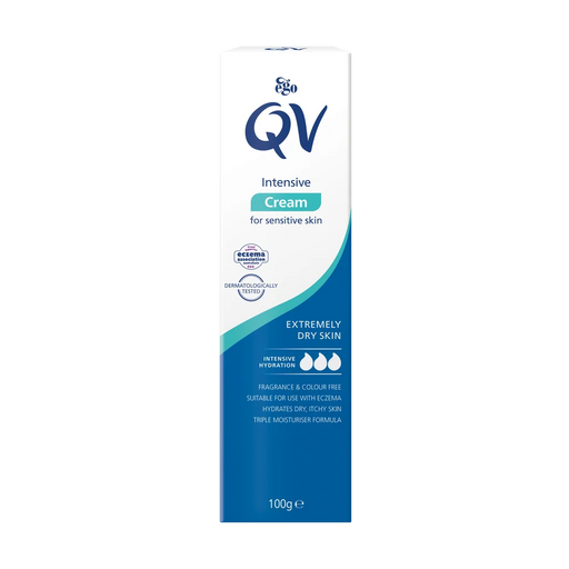 The image is a product packaging for a QV brand cream for sensitive skin.