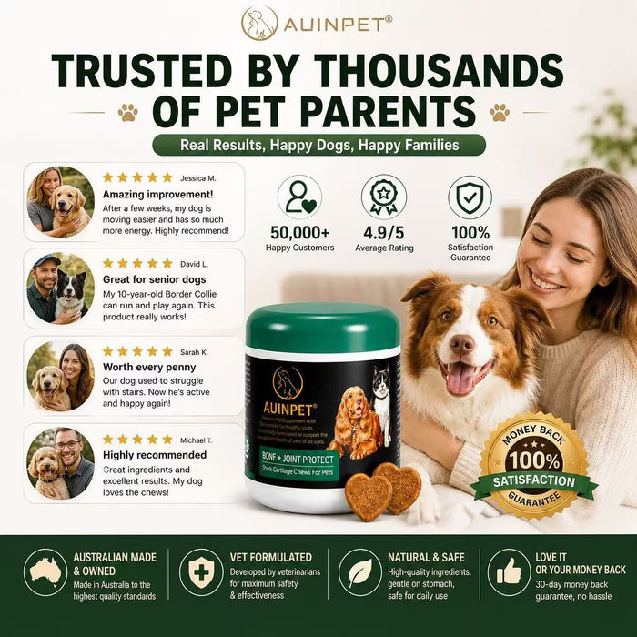 The image is an advertisement for a product called "AINPET" that claims to be trusted by thousands of pet parents. It features a smiling woman holding a dog and a product labeled "AINPET" with a dog biscuit. The ad highlights the product's real results, happy dogs, and happy families, and includes customer testimonials and a guarantee of satisfaction.