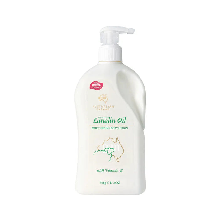 A bottle of Australian Cream Lanolin Oil moisturizing body lotion.