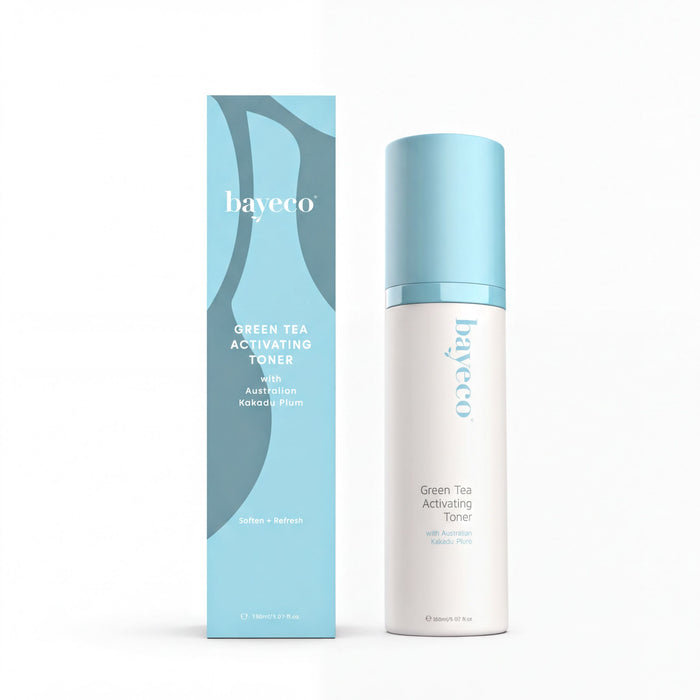two bottles of a green tea-based toner product from the brand bayeco.