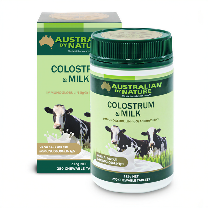 a bottle of Australian By Nature Colostrum & Milk, a dietary supplement for cows, and its packaging.