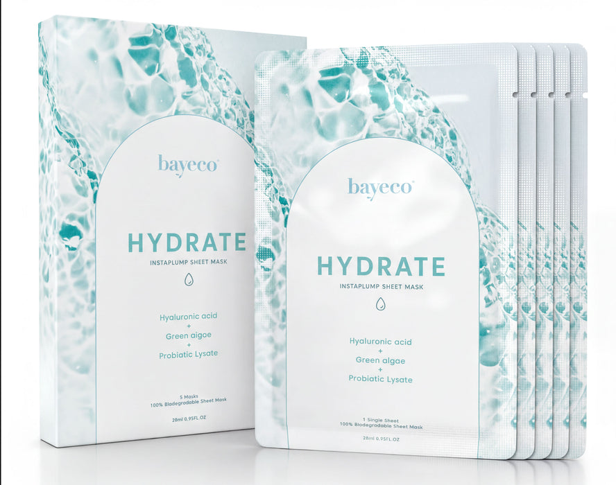 a set of hydrating sheet masks from the brand bayeco. The masks are packaged in white boxes with blue and green designs, and they are displayed together.
