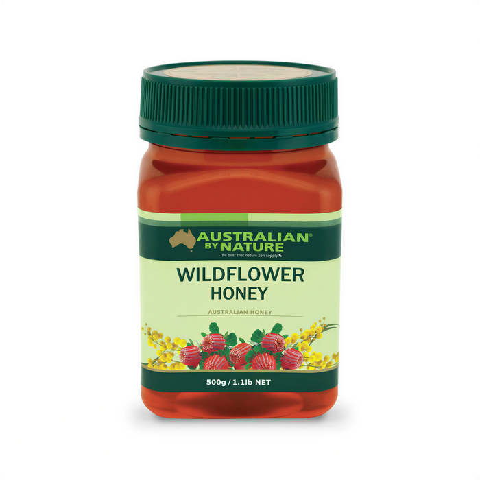 a jar of Australian Wildflower Honey with a green lid.