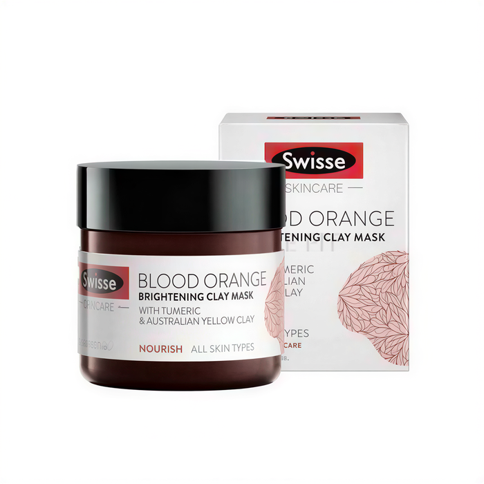 a jar of Swiss Skin Care Blood Orange Brightening Clay Mask and its packaging box.