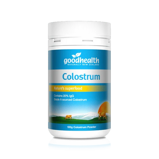 a bottle of colostrum powder, a natural food supplement, with a label that includes the Good Health logo and the product name.