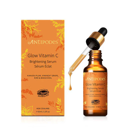a bottle of Antiodes Glow Vitamin C Brightening Serum Ecotone and its packaging.