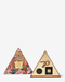 a triangular box with a colorful, illustrated design on it, and a smaller triangular box with a lid and a small black object inside.