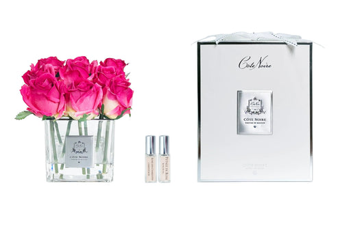 Cote Noire Couture 9 Rose Buds - Square Clear Vase - Silver & Magenta - SVS907 Cote Noire
