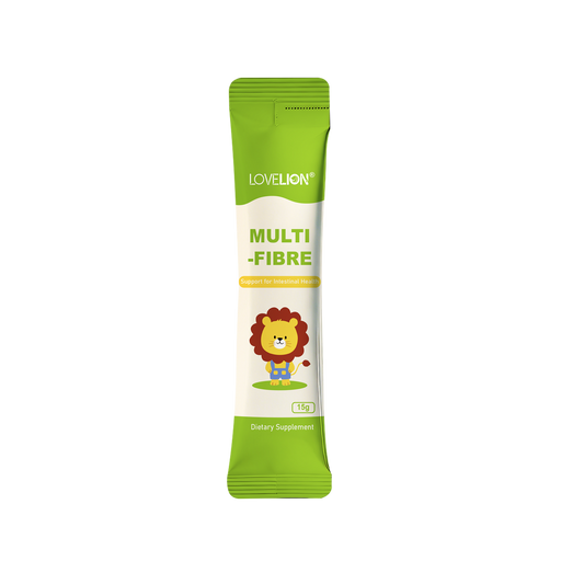 A green and white packet of LOVELION MULTI-FIBRE dietary supplement, containing 15g of the product.