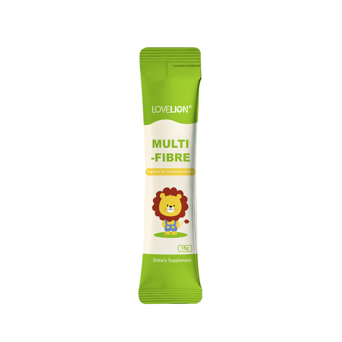 A green and white packet of LOVELION MULTI-FIBRE dietary supplement, containing 15g of the product.