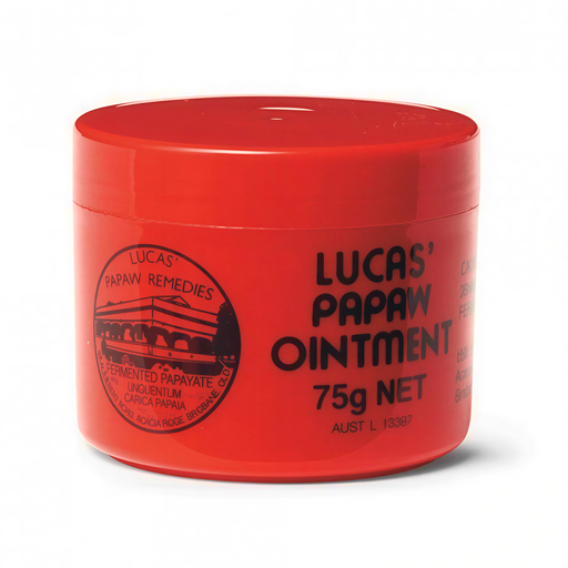 A red jar of Lucas' Papaw Remedies ointment, containing 75g of the product.