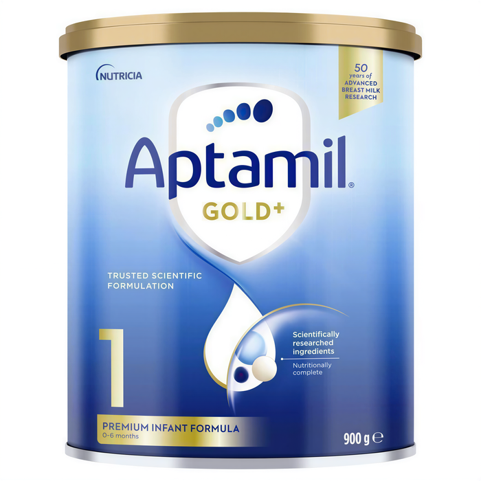A can of Aptamil Gold+ infant formula, which is a premium infant formula.