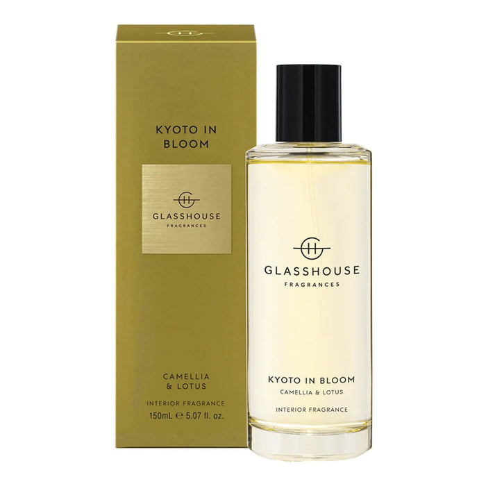 a bottle of Glasshouse Fragrances KyOTO IN BLOOM CAMELLIA & LOTUS and its packaging.