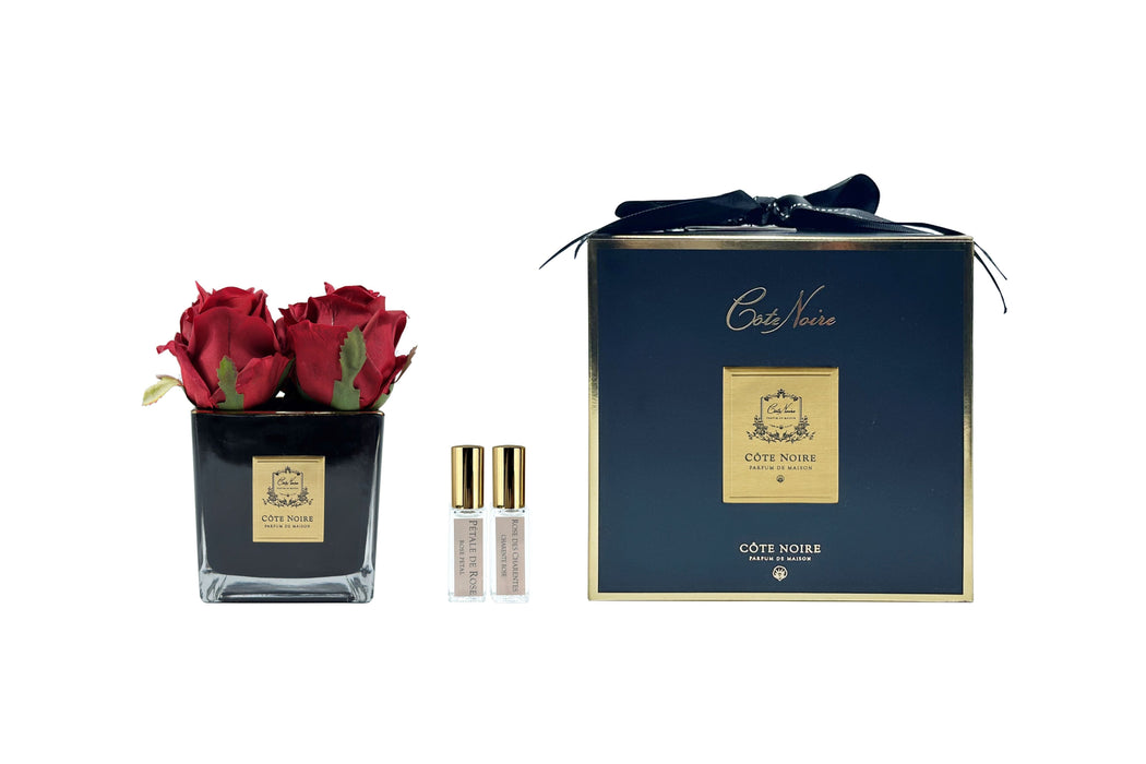 Cote Noire Couture 4 Rose Buds - Square Black Vase - Gold & Red - SVB404