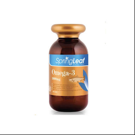A bottle of Springleaf Omega-3 supplement with a gold cap.