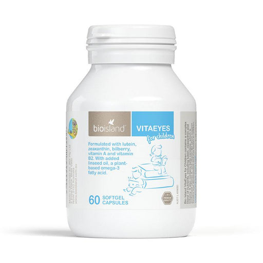 a bottle of vitamin eye drops, specifically VitaEye, which is a softgel capsule product for children.