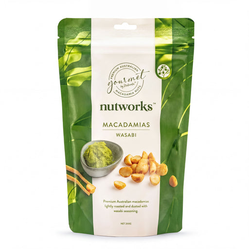 A bag of macadamia nuts with a label that includes the product name, macadamia type, and a description of the product.
